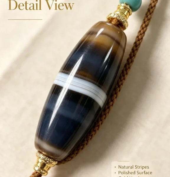 Natural Silk-Line Agate Dzi Pendant Necklace