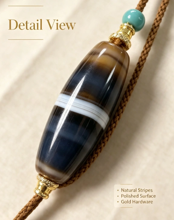 Natural Silk-Line Agate Dzi Pendant Necklace