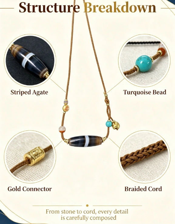 Natural Silk-Line Agate Dzi Pendant Necklace - Image 2