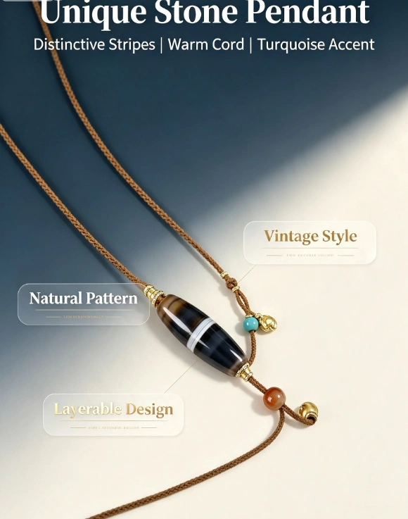 Natural Silk-Line Agate Dzi Pendant Necklace - Image 4