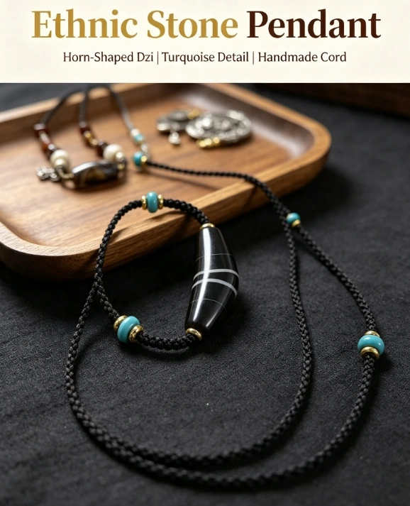 Black Horn Dzi Strength Pendant Necklace
