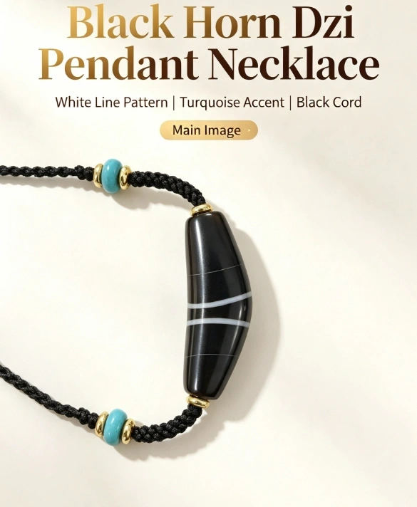Black Horn Dzi Strength Pendant Necklace - Image 5