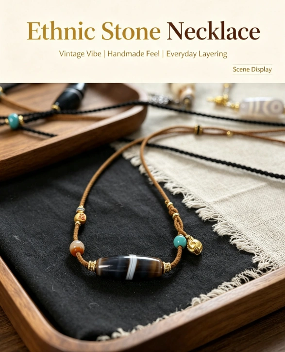 Natural Silk-Line Agate Dzi Pendant Necklace - Image 5