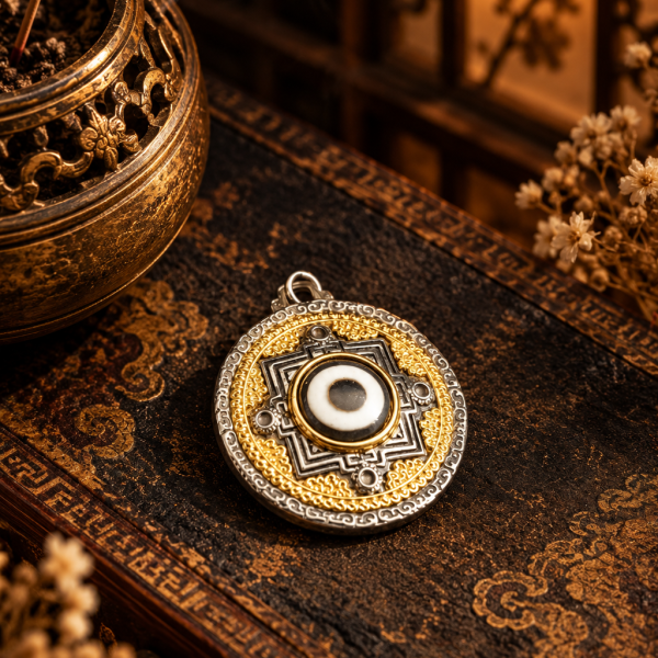 Mandala Dzi Bead Inlaid Pendant
