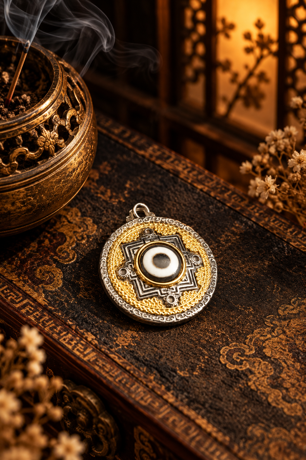 Mandala Dzi Bead Inlaid Pendant