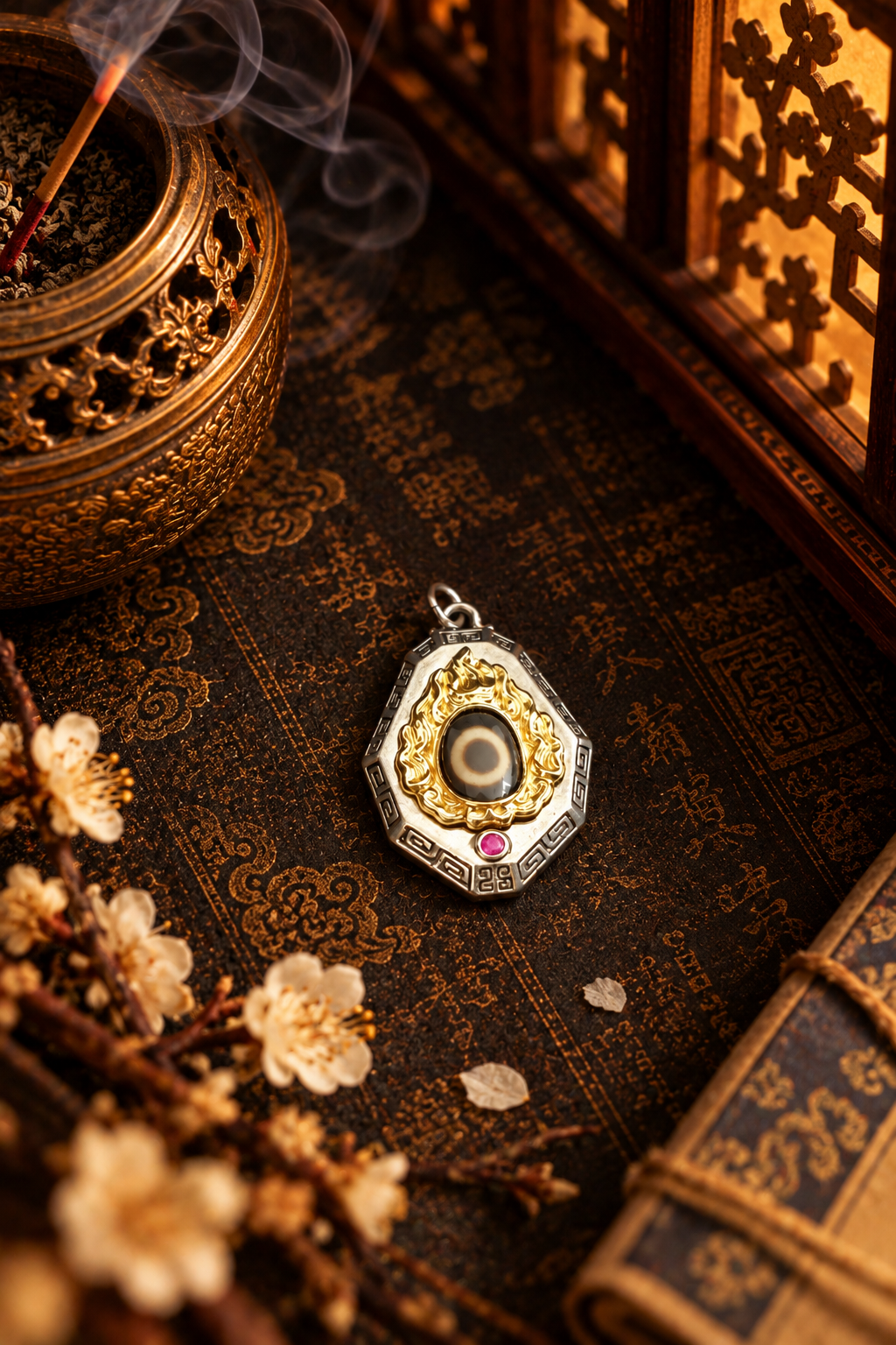 Flame Pattern Dzi Bead Pendant