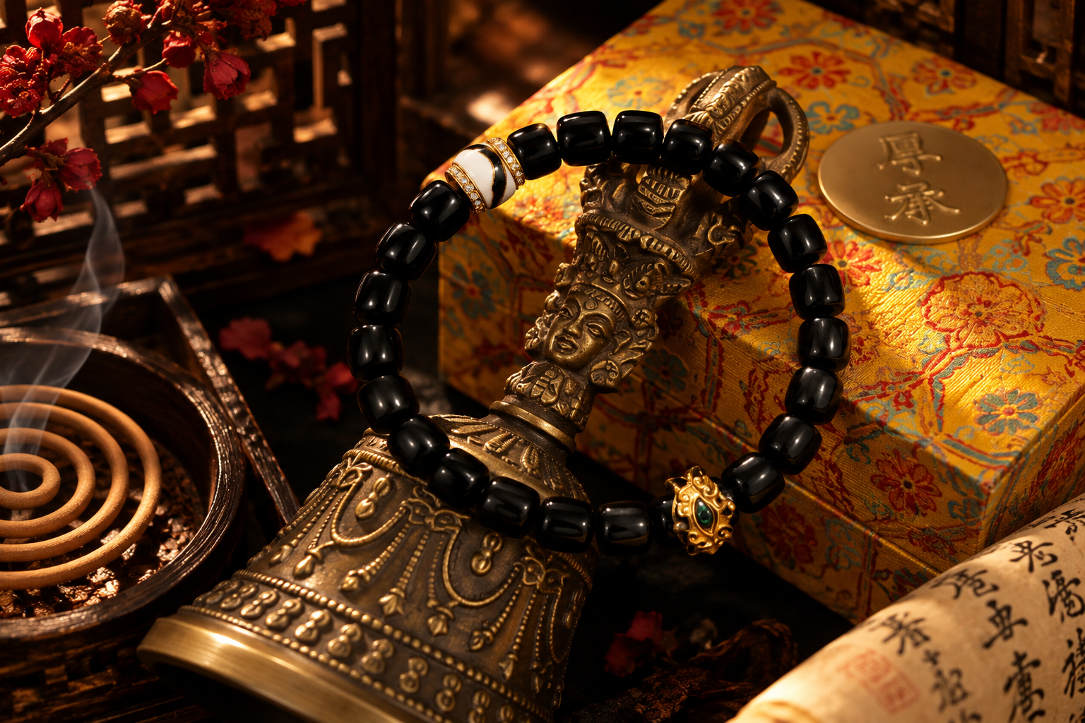 Black Onyx Old Straight-Cut Bead Bracelet with Imitation Tiger Fang Charms