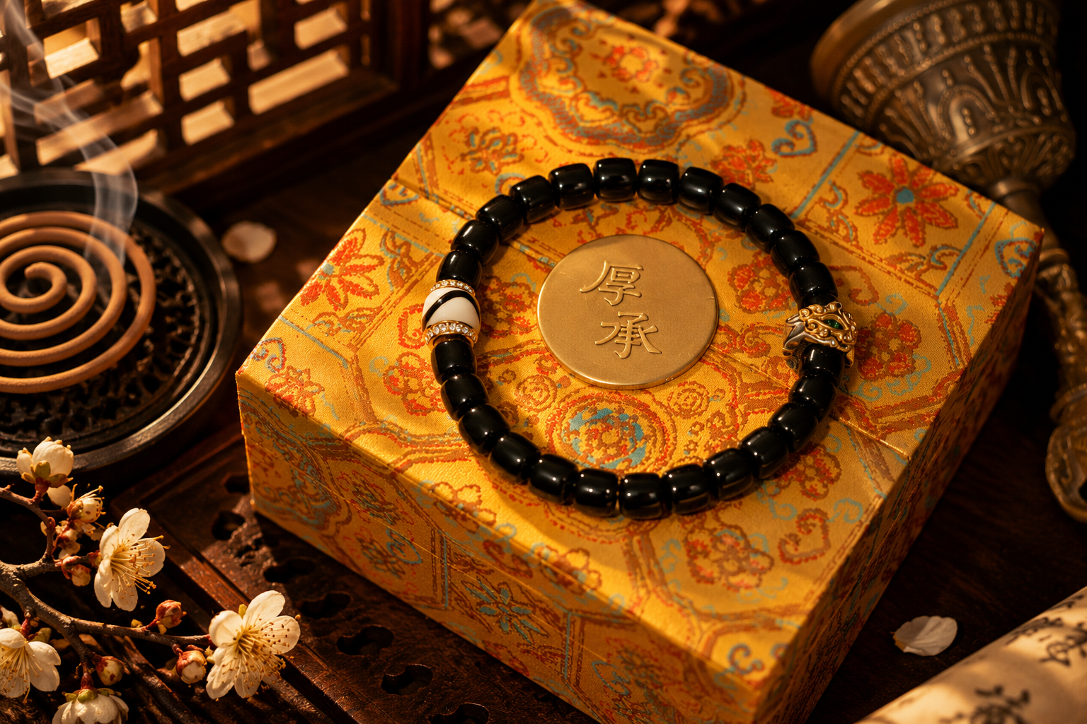 Black Onyx Old Straight-Cut Bead Bracelet with Imitation Tiger Fang Charms - Image 2