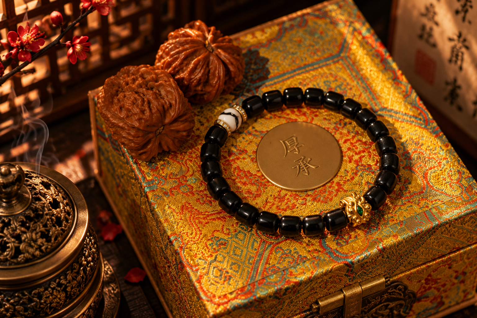 Black Onyx Old Straight-Cut Bead Bracelet with Imitation Tiger Fang Charms - Image 3