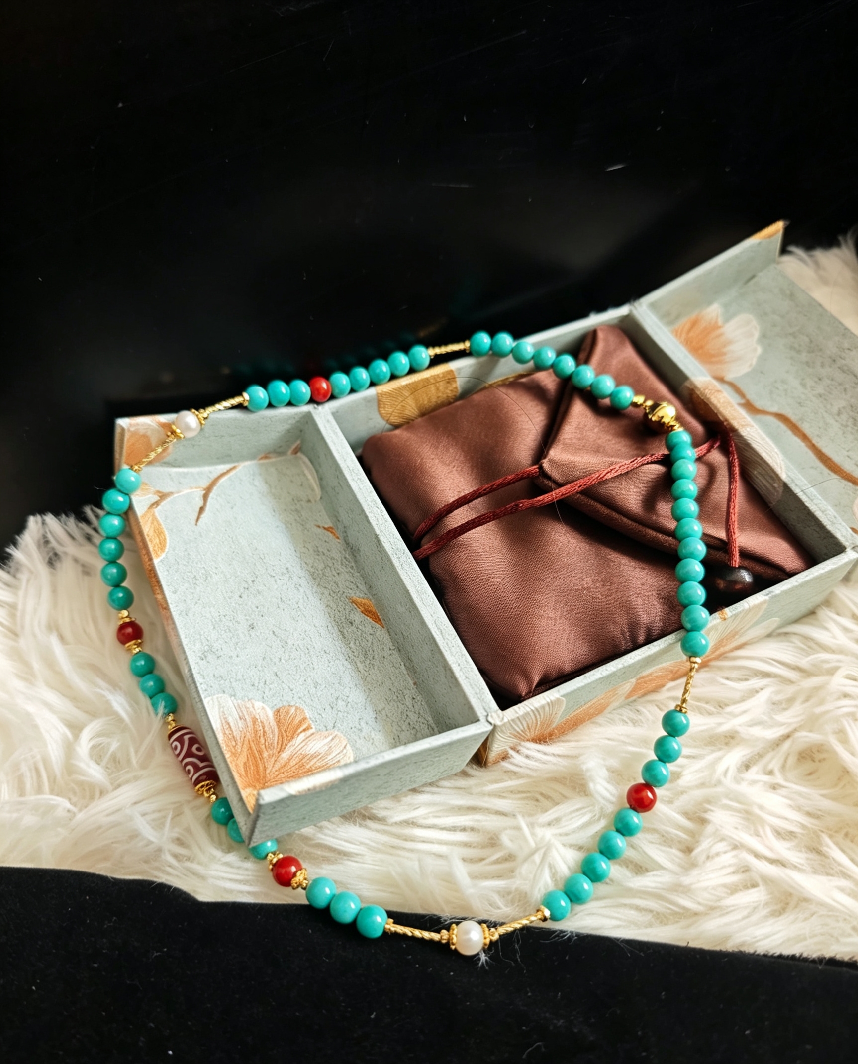 Imitation Cross Vajra 6-Eye Dzi, Turquoise & Pearl Clavicle Necklace - Image 3