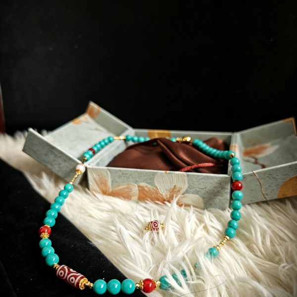 Imitation Cross Vajra 6-Eye Dzi, Turquoise & Pearl Clavicle Necklace