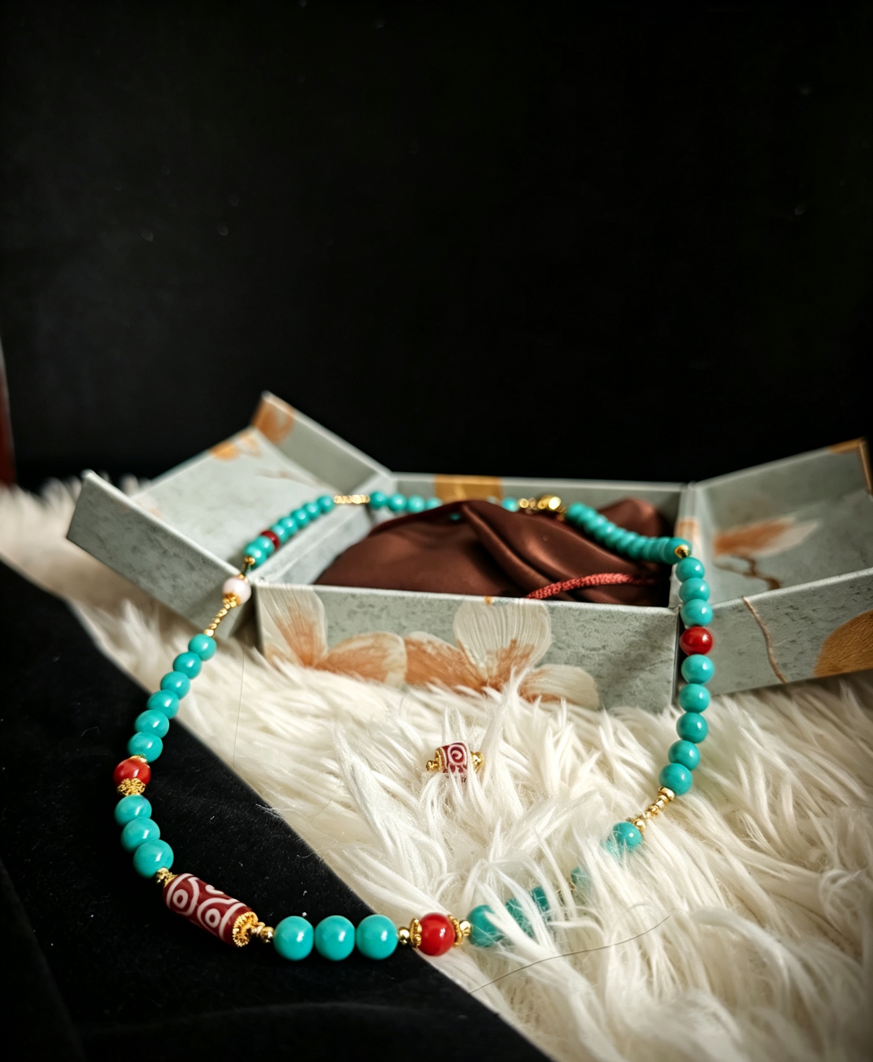 Imitation Cross Vajra 6-Eye Dzi, Turquoise & Pearl Clavicle Necklace