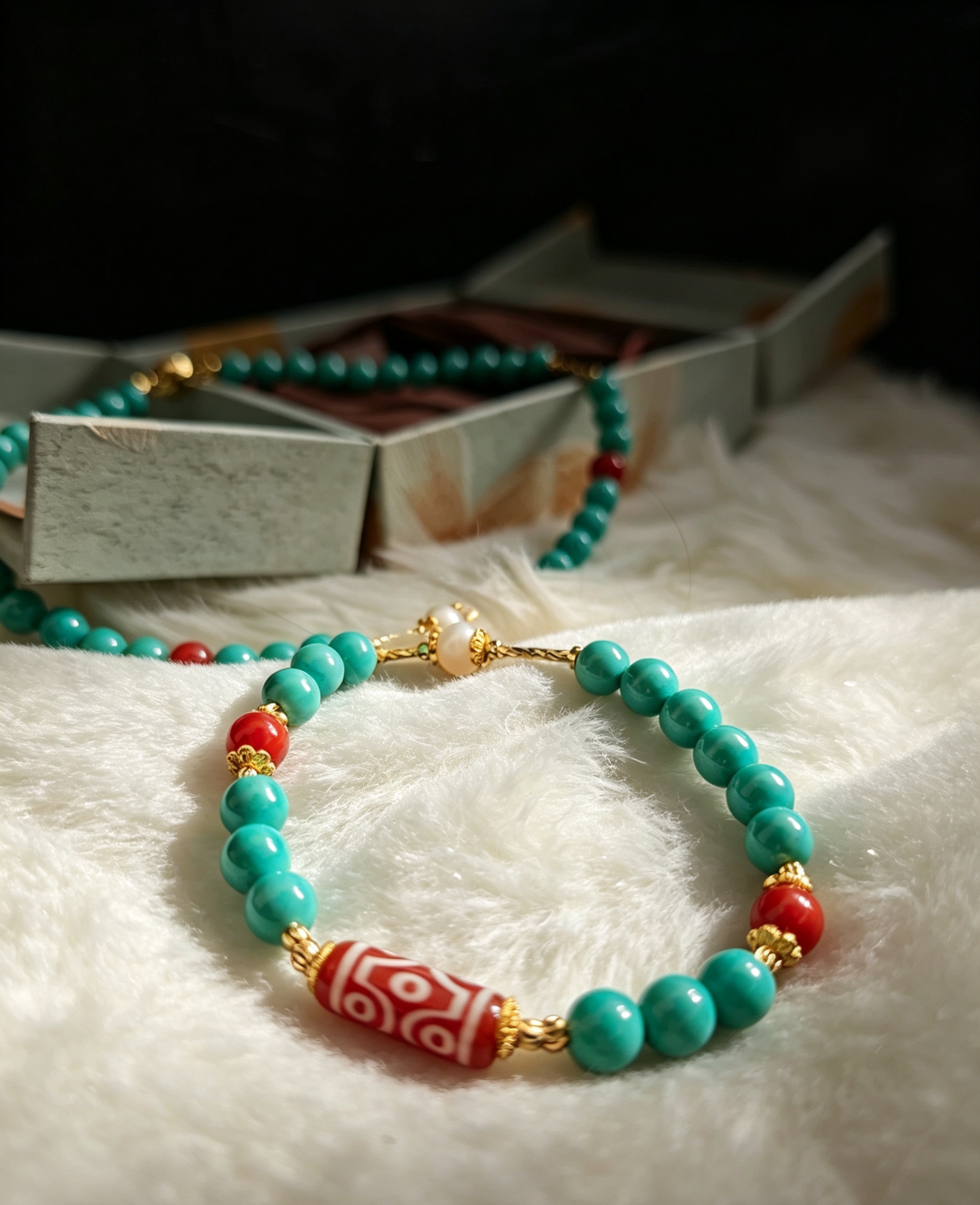 Imitation Cross Vajra 6-Eye Dzi, Turquoise & Pearl Clavicle Necklace - Image 2