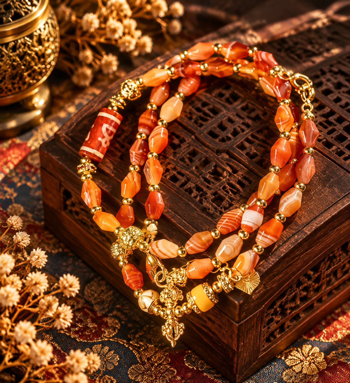 Salmon Banded Stone Wealth Vajra Dorji Universal Chain, Tibetan Prosperity Talisman - Image 2