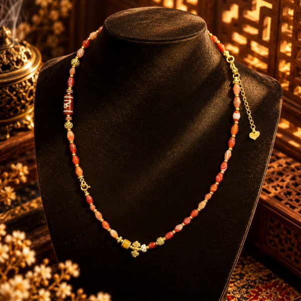 Salmon Banded Stone Wealth Vajra Dorji Universal Chain, Tibetan Prosperity Talisman