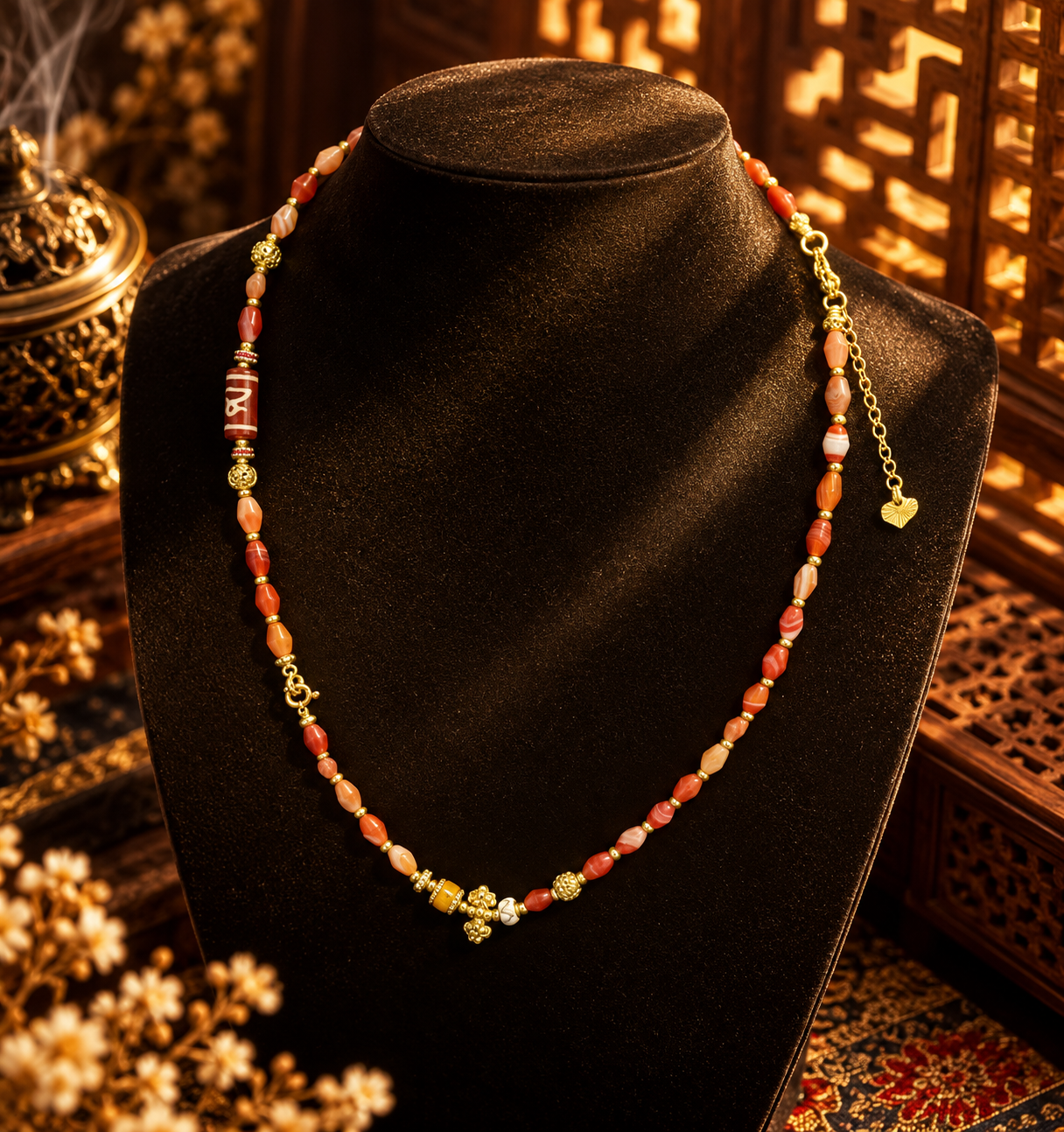Salmon Banded Stone Wealth Vajra Dorji Universal Chain, Tibetan Prosperity Talisman
