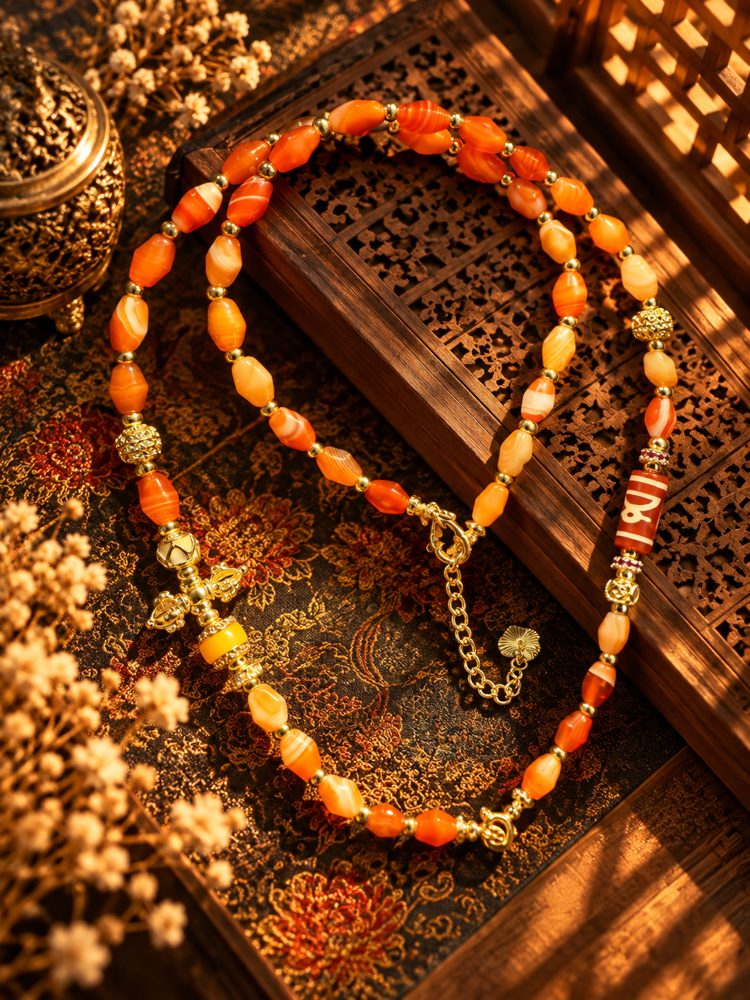 Salmon Banded Stone Wealth Vajra Dorji Universal Chain, Tibetan Prosperity Talisman - Image 3
