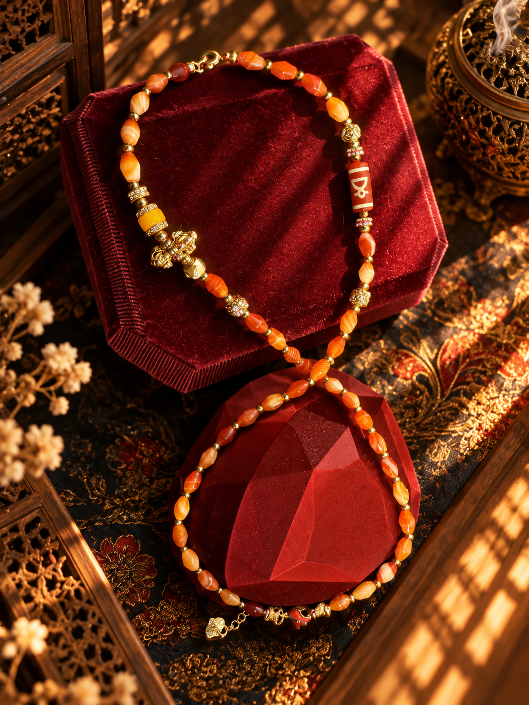 Salmon Banded Stone Wealth Vajra Dorji Universal Chain, Tibetan Prosperity Talisman - Image 4